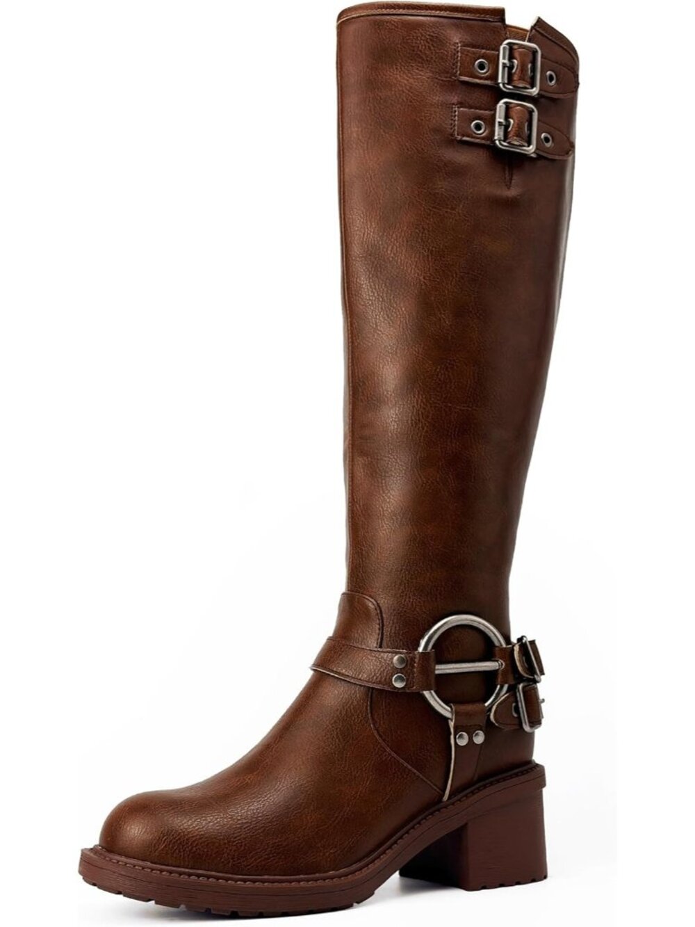 Women Chestnut Brown Knee High Boots Chunky Heel Wide Calf Round Toe Tall Boots